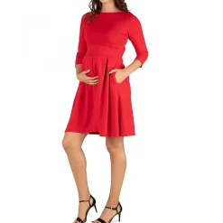 24seven Comfort Apparel Womens Maternity Boat Neck 3/4 Sleeve Fit + Flare Dress