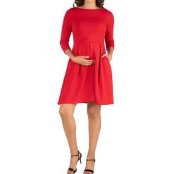 24seven Comfort Apparel Womens Maternity Boat Neck 3/4 Sleeve Fit + Flare Dress