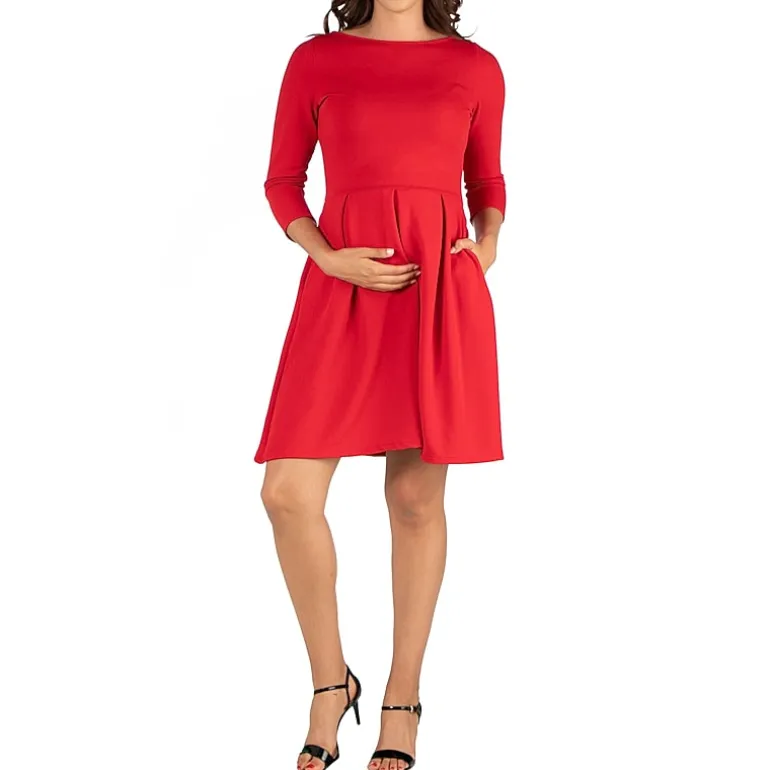 24seven Comfort Apparel Womens Maternity Boat Neck 3/4 Sleeve Fit + Flare Dress