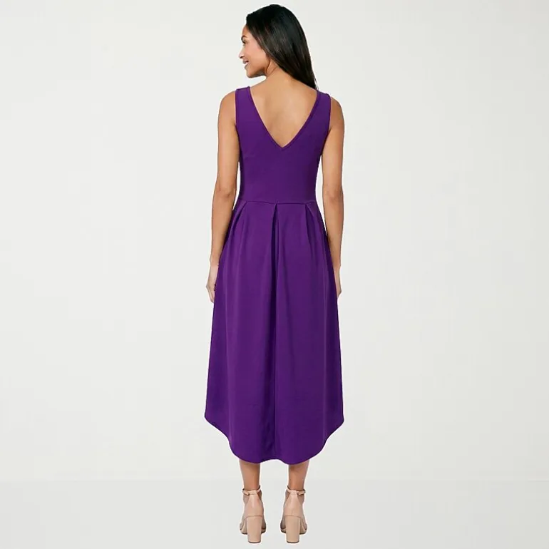 24seven Comfort Apparel Womens Midi V Neck Sleeveless Fit + Flare Dress