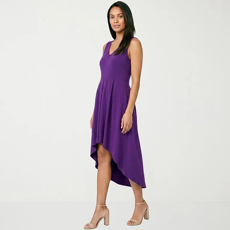 24seven Comfort Apparel Womens Midi V Neck Sleeveless Fit + Flare Dress