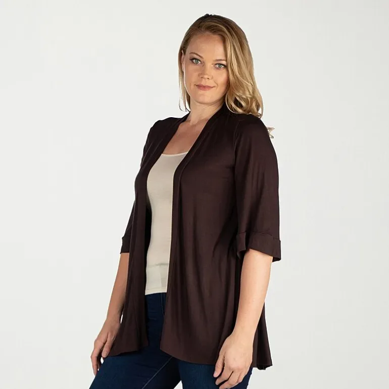 24seven Comfort Apparel Womens Elbow Sleeve Open Front Plus Cardigan