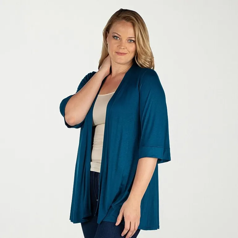 24seven Comfort Apparel Womens Elbow Sleeve Open Front Plus Cardigan