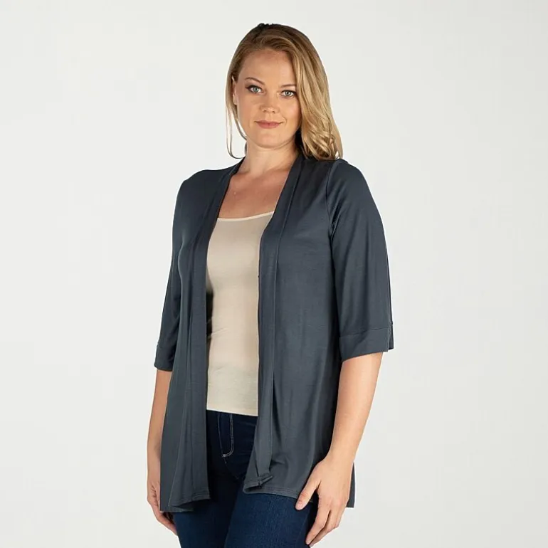 24seven Comfort Apparel Womens Elbow Sleeve Open Front Plus Cardigan