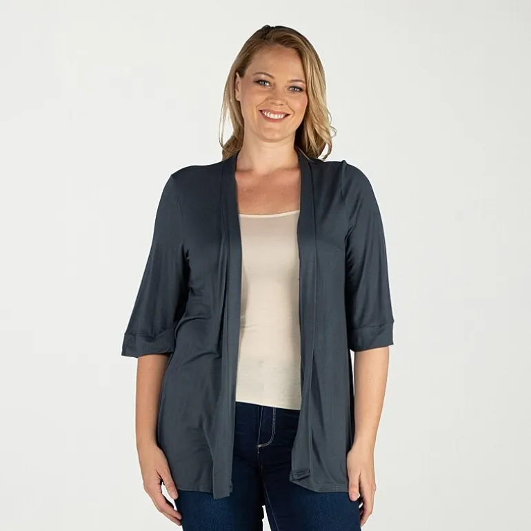 24seven Comfort Apparel Womens Elbow Sleeve Open Front Plus Cardigan