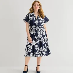 52seven Womens Plus Midi Short Sleeve Fitted Floral Fit + Flare Dress
