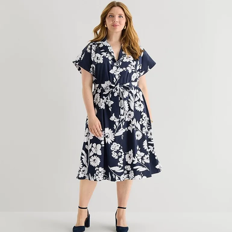 52seven Womens Plus Midi Short Sleeve Fitted Floral Fit + Flare Dress