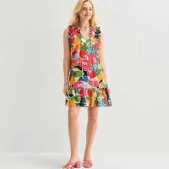 52seven Womens Split Tie Neck Sleeveless Floral Shift Dress