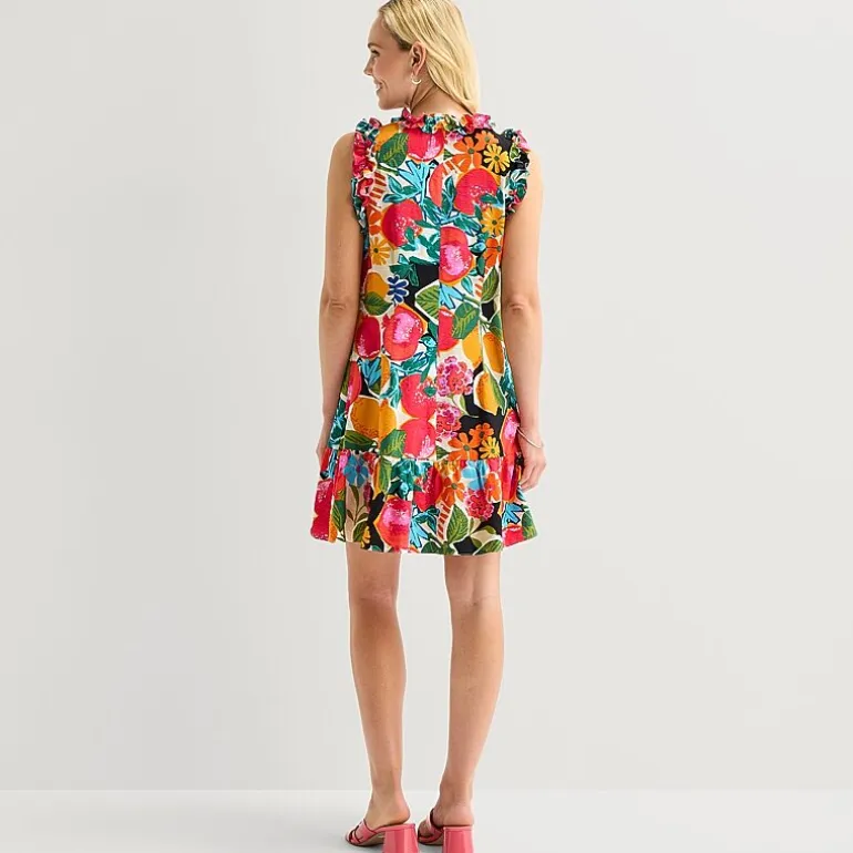 52seven Womens Split Tie Neck Sleeveless Floral Shift Dress