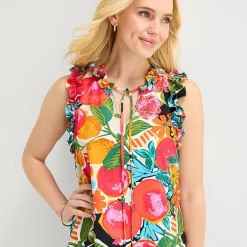 52seven Womens Split Tie Neck Sleeveless Floral Shift Dress