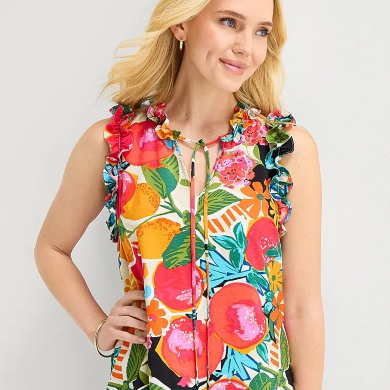 52seven Womens Split Tie Neck Sleeveless Floral Shift Dress