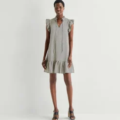 52seven Womens Split Tie Neck Sleeveless Striped Shift Dress