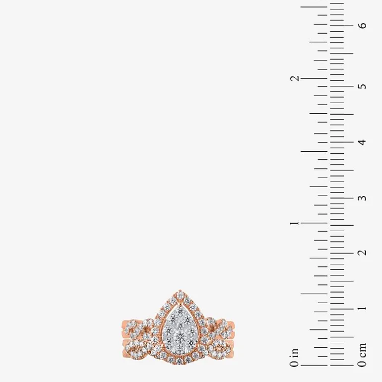 Signature By Modern Bride 1 CT.T.W. Natural Diamond Pear Shape Side Stone Halo Bridal Set in 10K or 14K Gold