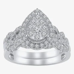 Signature By Modern Bride 1 CT.T.W. Natural Diamond Pear Shape Side Stone Halo Bridal Set in 10K or 14K Gold