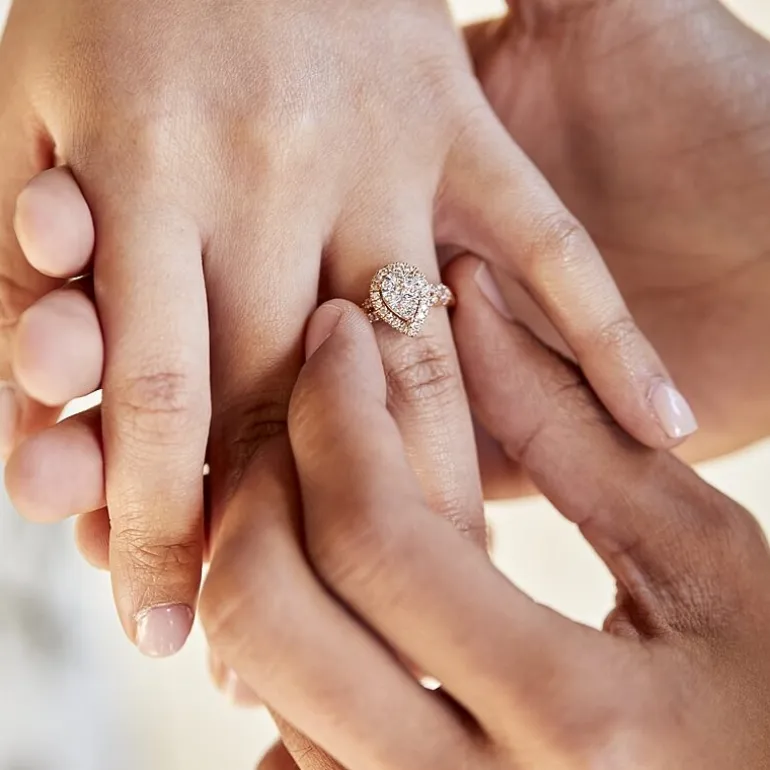Signature By Modern Bride 1 CT.T.W. Natural Diamond Pear Shape Side Stone Halo Bridal Set in 10K or 14K Gold