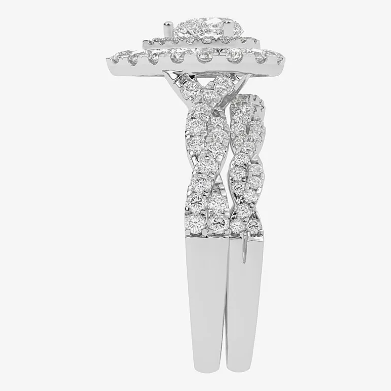 Signature By Modern Bride 1 CT.T.W. Natural Diamond Pear Shape Side Stone Halo Bridal Set in 10K or 14K Gold