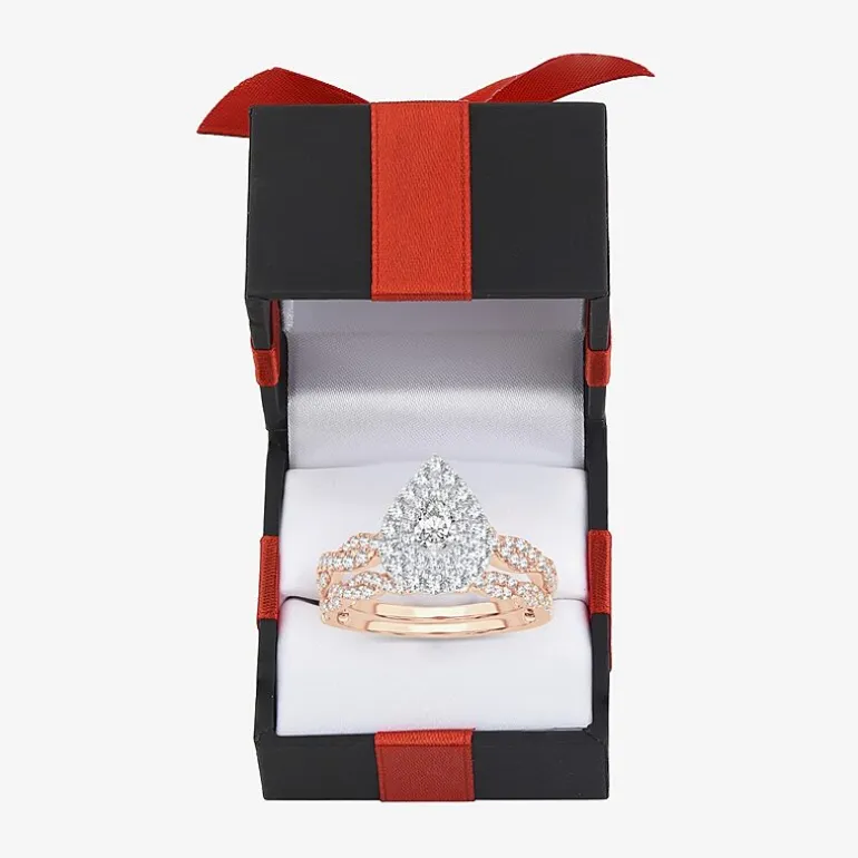 Signature By Modern Bride 1 CT.T.W. Natural Diamond Pear Shape Side Stone Halo Bridal Set in 10K or 14K Gold