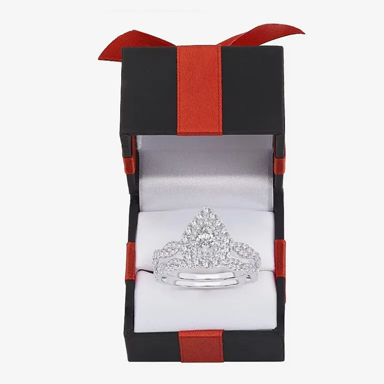 Signature By Modern Bride 1 CT.T.W. Natural Diamond Pear Shape Side Stone Halo Bridal Set in 10K or 14K Gold