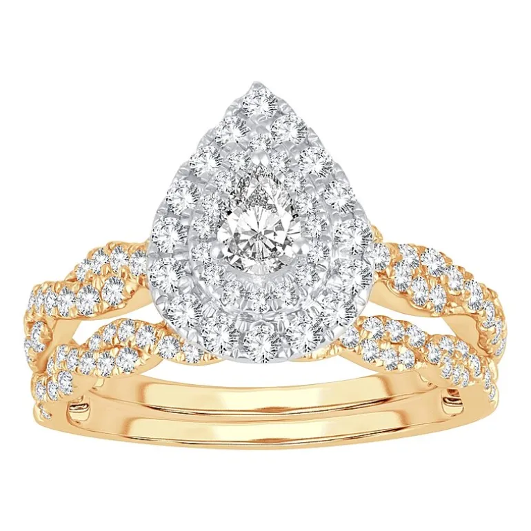 Signature By Modern Bride 1 CT.T.W. Natural Diamond Pear Shape Side Stone Halo Bridal Set in 10K or 14K Gold