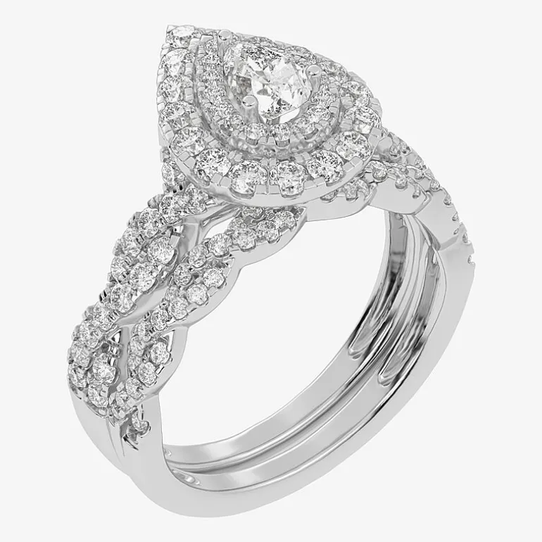 Signature By Modern Bride 1 CT.T.W. Natural Diamond Pear Shape Side Stone Halo Bridal Set in 10K or 14K Gold