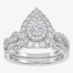 Signature By Modern Bride 1 CT.T.W. Natural Diamond Pear Shape Side Stone Halo Bridal Set in 10K or 14K Gold