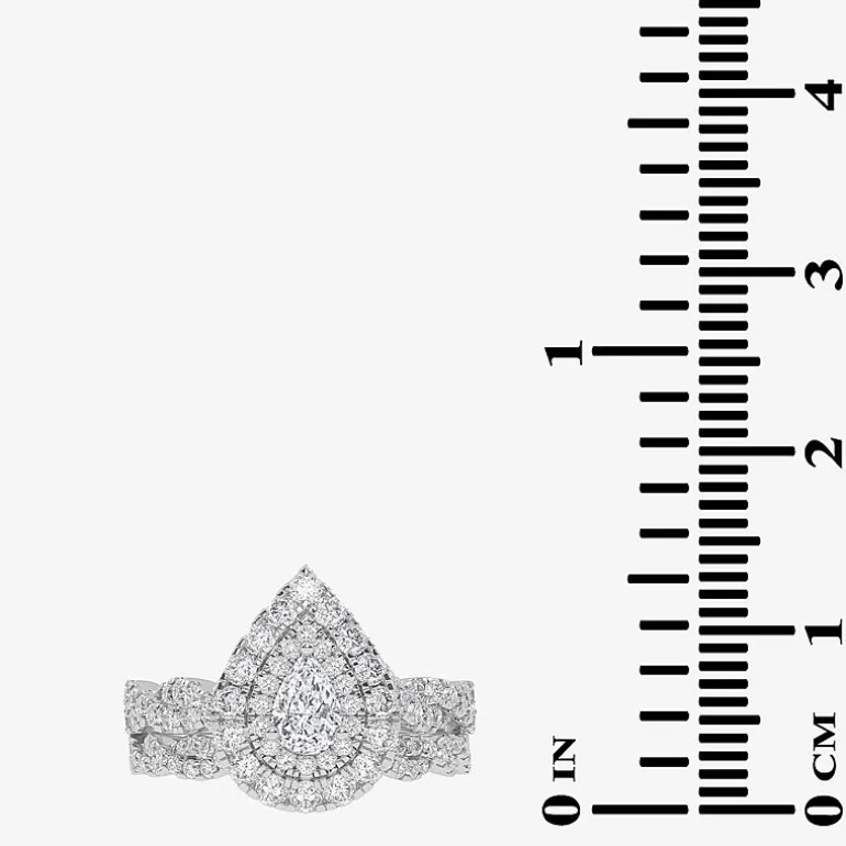 Signature By Modern Bride 1 CT.T.W. Natural Diamond Pear Shape Side Stone Halo Bridal Set in 10K or 14K Gold