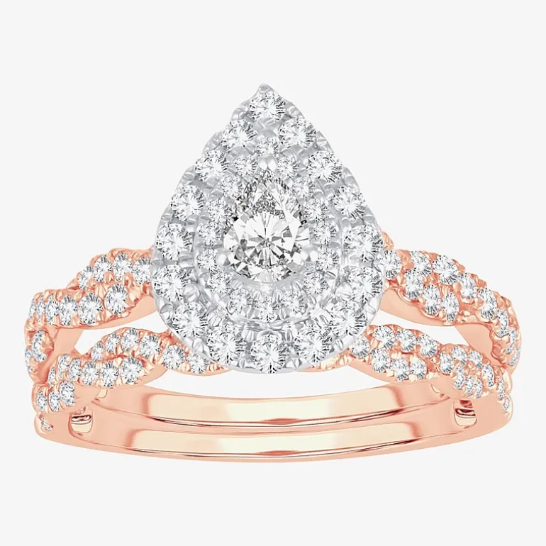 Signature By Modern Bride 1 CT.T.W. Natural Diamond Pear Shape Side Stone Halo Bridal Set in 10K or 14K Gold