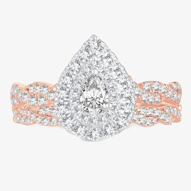 Signature By Modern Bride 1 CT.T.W. Natural Diamond Pear Shape Side Stone Halo Bridal Set in 10K or 14K Gold