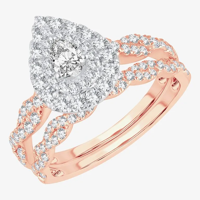 Signature By Modern Bride 1 CT.T.W. Natural Diamond Pear Shape Side Stone Halo Bridal Set in 10K or 14K Gold