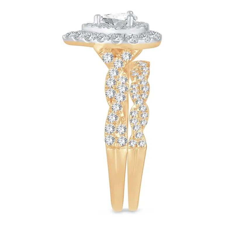 Signature By Modern Bride 1 CT.T.W. Natural Diamond Pear Shape Side Stone Halo Bridal Set in 10K or 14K Gold