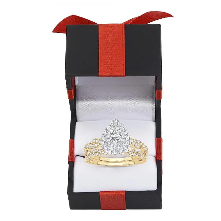 Signature By Modern Bride 1 CT.T.W. Natural Diamond Pear Shape Side Stone Halo Bridal Set in 10K or 14K Gold