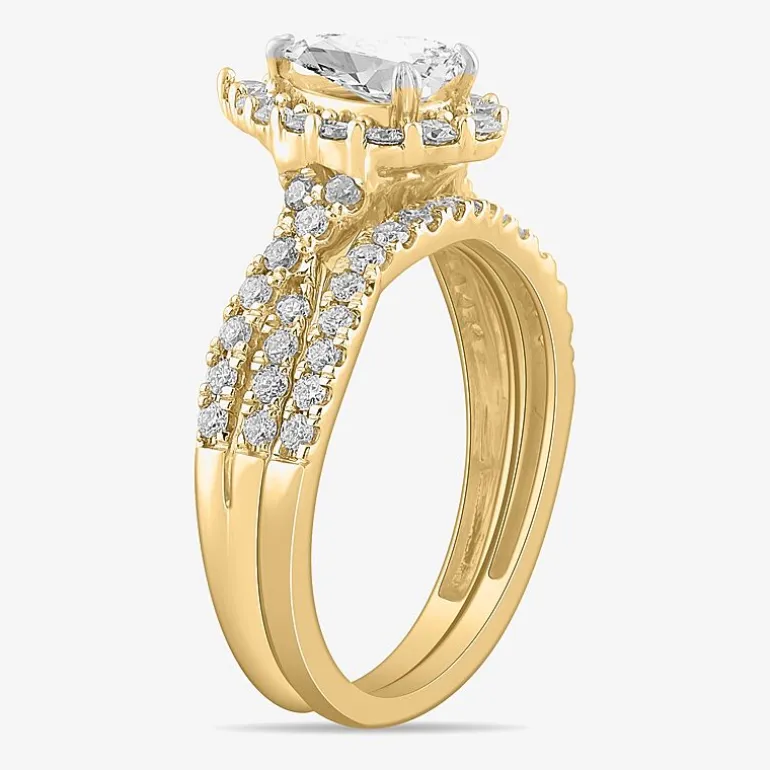 Signature By Modern Bride (G-H / Si1-Si2) Womens 1 1/3 CT. T.W. Lab Grown White Diamond 10K Gold Pear Side Stone Halo Bridal Set