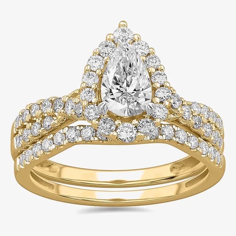 Signature By Modern Bride (G-H / Si1-Si2) Womens 1 1/3 CT. T.W. Lab Grown White Diamond 10K Gold Pear Side Stone Halo Bridal Set