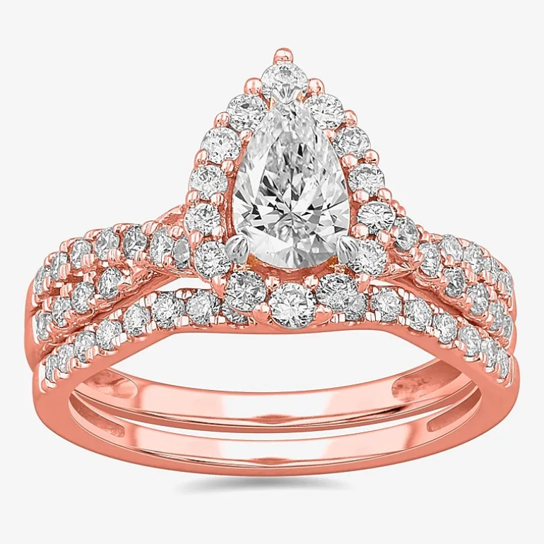 Signature By Modern Bride (G-H / Si1-Si2) Womens 1 1/3 CT. T.W. Lab Grown White Diamond 10K Gold Pear Side Stone Halo Bridal Set