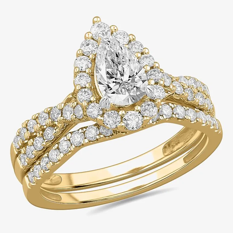 Signature By Modern Bride (G-H / Si1-Si2) Womens 1 1/3 CT. T.W. Lab Grown White Diamond 10K Gold Pear Side Stone Halo Bridal Set