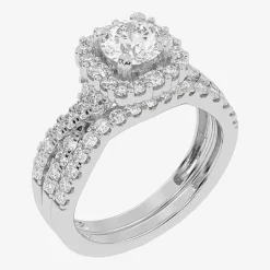 Signature By Modern Bride (G-H / Si1-Si2) Womens Lab Grown White Diamond 10K Gold Round Side Stone Halo Bridal Set