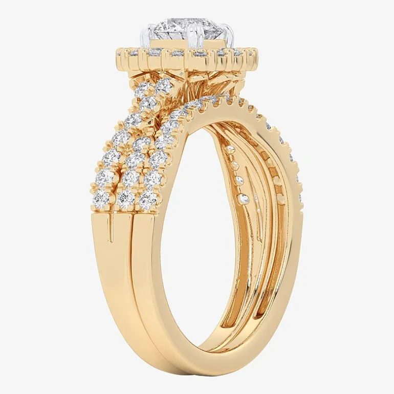 Signature By Modern Bride (G-H / Si1-Si2) Womens Lab Grown White Diamond 10K Gold Round Side Stone Halo Bridal Set