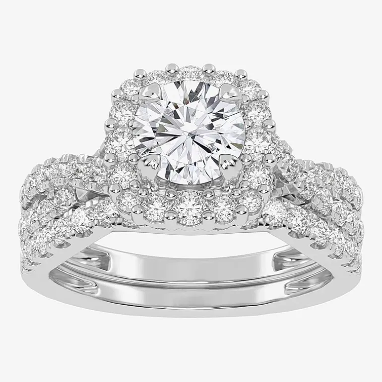 Signature By Modern Bride (G-H / Si1-Si2) Womens Lab Grown White Diamond 10K Gold Round Side Stone Halo Bridal Set