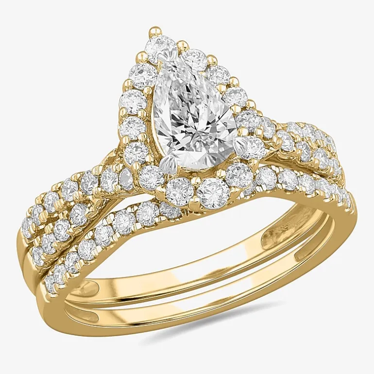 Signature By Modern Bride (G-H / Si1-Si2) Womens 1 1/3 CT. T.W. Lab Grown White Diamond 10K Gold Pear Side Stone Halo Bridal Set