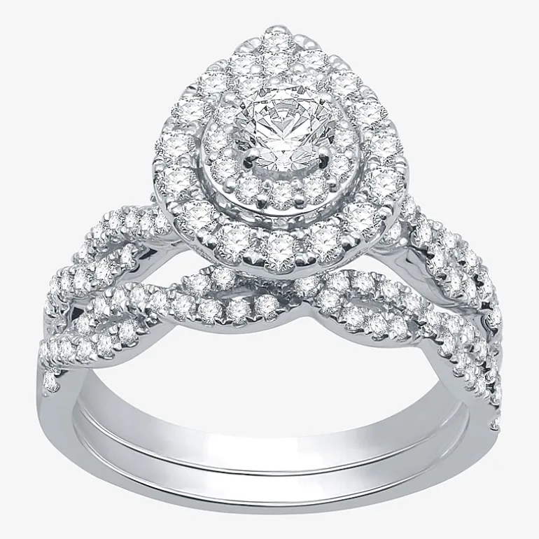 Signature By Modern Bride (G / Si1 - Si2) Womens 1 1/2 CT. T.W. Lab Grown White Diamond 10K Gold Side Stone Halo Bridal Set