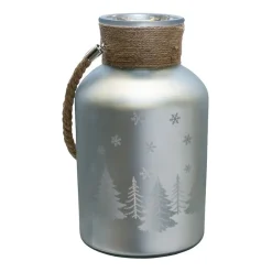 12'' Silver Matte Christmas Trees and Snowflakes Pillar Candle Holder with Handle