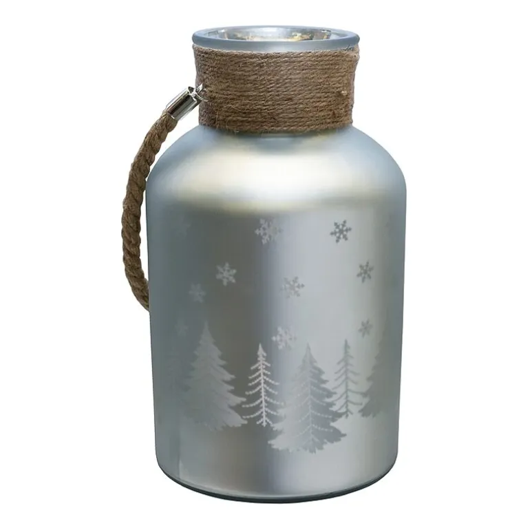 12'' Silver Matte Christmas Trees and Snowflakes Pillar Candle Holder with Handle