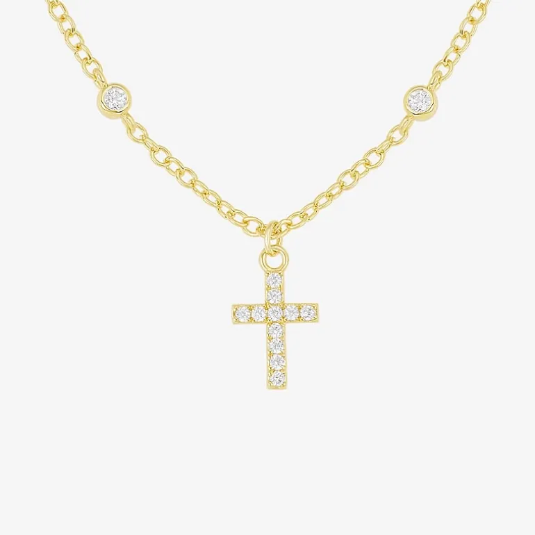 Silver Reflections Womens Cubic Zirconia 14K Gold Over Brass Cross 16 Inch Pendant Necklace