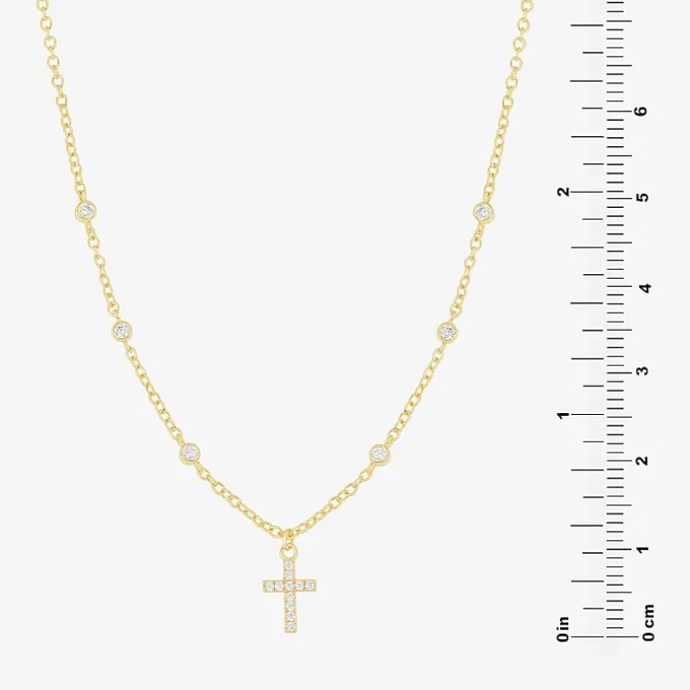 Silver Reflections Womens Cubic Zirconia 14K Gold Over Brass Cross 16 Inch Pendant Necklace