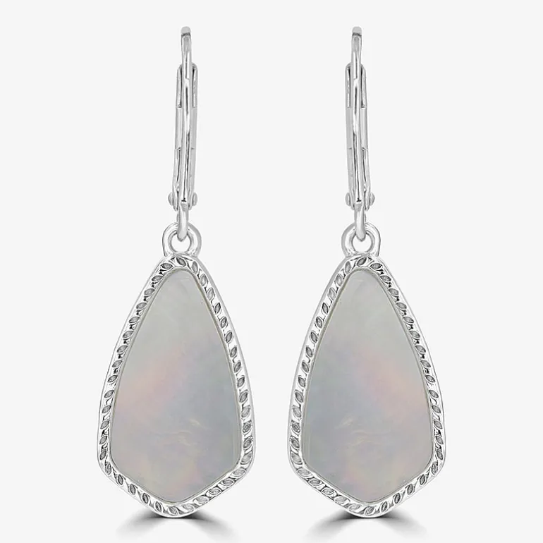 Silver Treasures Genuine Stone Womens White Mother Of Pearl Sterling Silver Drop Earrings