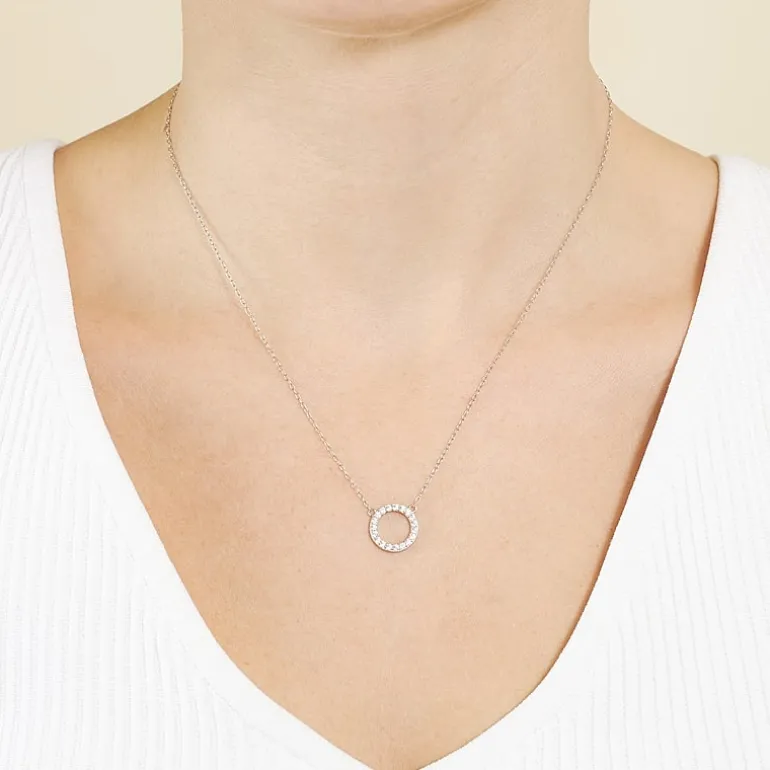 Silver Treasures Womens Cubic Zirconia Sterling Silver Round 18 Inch Pendant Necklace