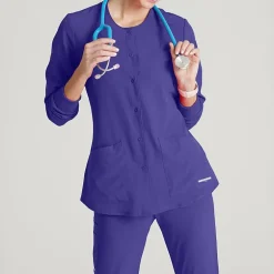Skechers Sk401 Stability 2-Pocket Crewneck Snap-Front Warm-Up Womens Tag Free Stretch Fabric Moisture Wicking Scrub Jackets