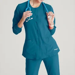 Skechers Sk401 Stability 2-Pocket Crewneck Snap-Front Warm-Up Womens Tag Free Stretch Fabric Moisture Wicking Scrub Jackets