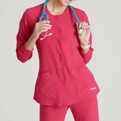Skechers Sk401 Stability 2-Pocket Crewneck Snap-Front Warm-Up Womens Tag Free Stretch Fabric Moisture Wicking Scrub Jackets