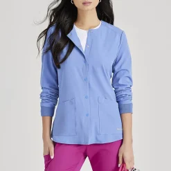 Skechers Sk401 Stability 2-Pocket Crewneck Snap-Front Warm-Up Womens Tag Free Stretch Fabric Moisture Wicking Scrub Jackets
